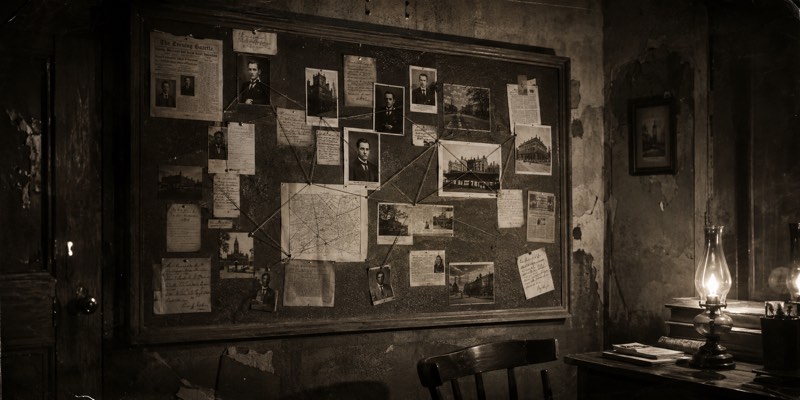 A corkboard strung with red thread, pinned photographs and letters, lit by an oil lamp