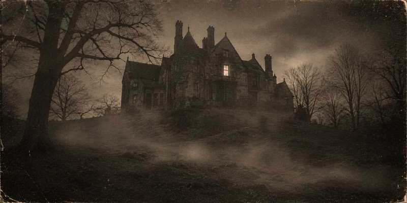 Hollow Hill Manor at night, one window lit