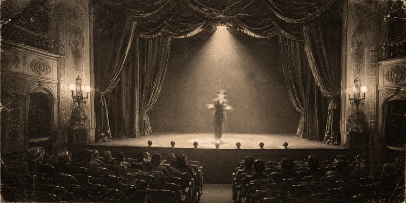 A 1920s theatre stage mid-performance, an uninvited figure among the actors